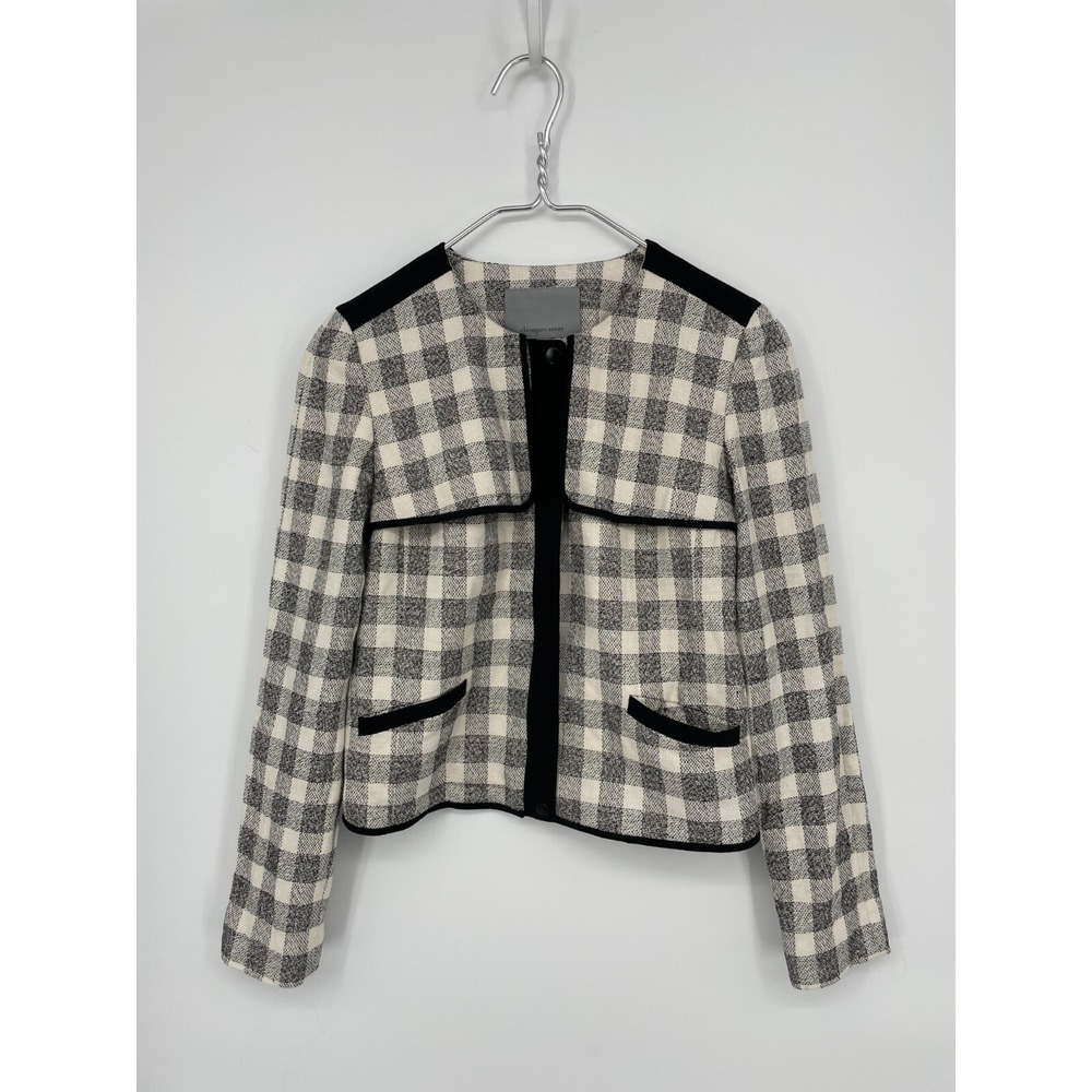 Classic Entier Blazer Jacket Womens XS Plaid Black Ivory Zip Up Linen Blend